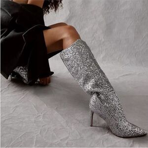 Free People After Midnight Silver Sequin Knee High Boots US 7